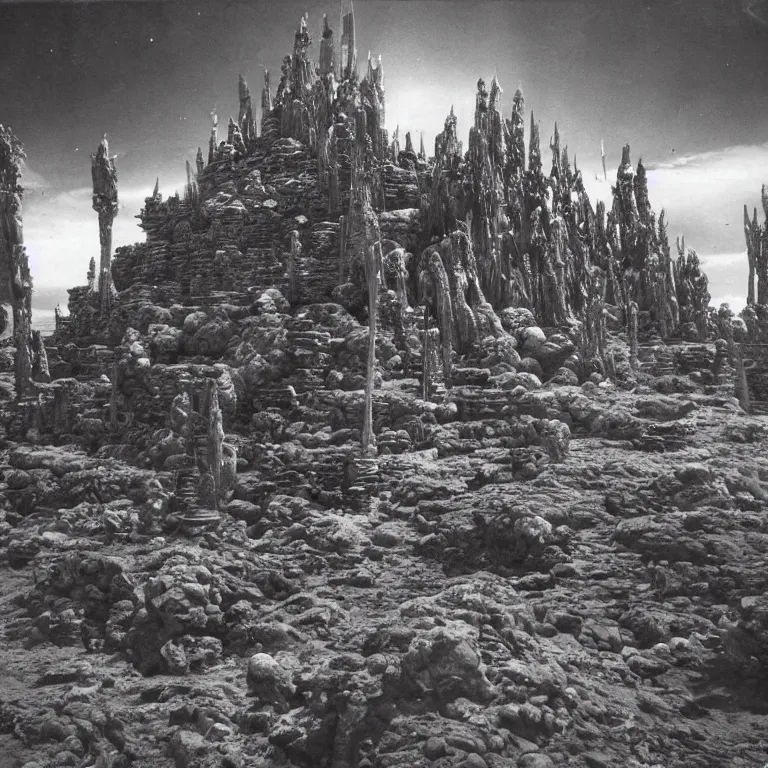 Prompt: old vintage photo of surreal spiky alien temple on exoplanet