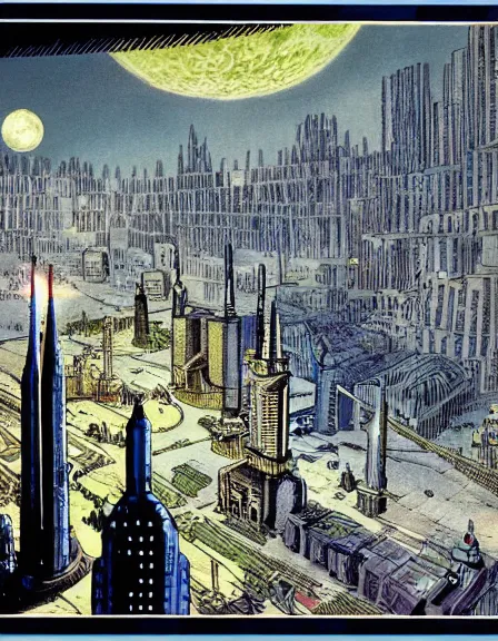 Image similar to comic book page, a city on the moon, by Francois Schuiten