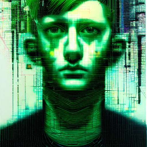 Image similar to hyperrealistic portrait of a cyberpunk teenager, male, short hair, confident, cybernetics, immersed within a glitch network, by Guy Denning, Metzinger, Russ Mills, glitch art, hyper focus, fine detail, fined detail, polished, complex, hacking effects, digital tech effects, chromatic, color blocking!, green, realistic, acrylic on canvas, concept art, abstract, trending on cgsociety, trending on artstation