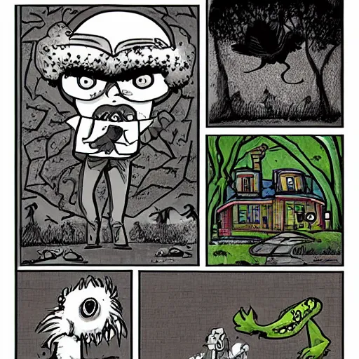 Prompt: comic book art in the style of bob ross and tim burton