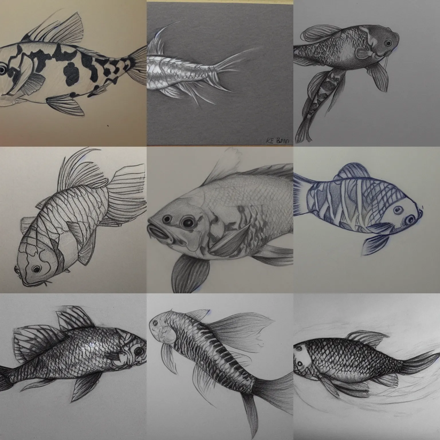 Prompt: pencil sketch study of a koi fish