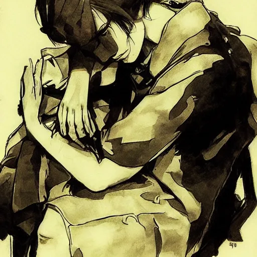 Prompt: a sad mother during the great depression, hard sketch by yoji shinkawa