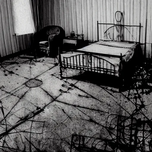 Image similar to Creepy pale ghost surrounded by cables in dirty motel room, red devil carpet | cyanotype 70's scratched photo | Aesthetics of Silent Hill game