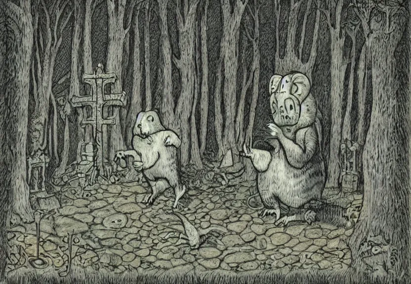 Image similar to possums dressed like a monk at a scary medieval cemetery in the middle of the forest at night, isometrical, highly detailed, by Maurice Sendak, colorized