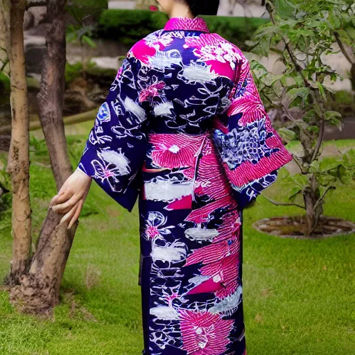 Prompt: photo of Japanese woman wearing kimono with batik pattern, she is cute and shy