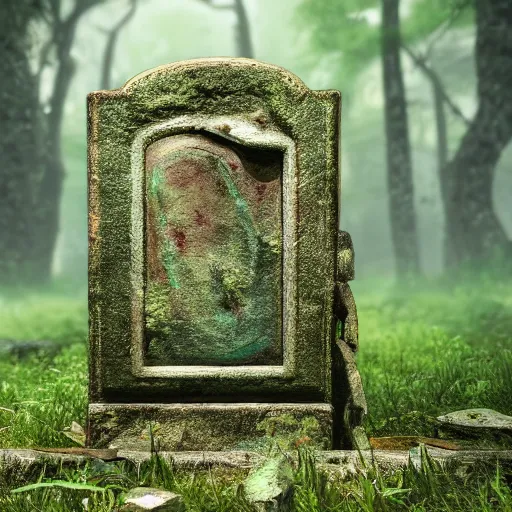 Image similar to side view of a beautiful abandoned tombstone with an embedded emerald laying on the ground, overgrown foliage taking over it, deep forest in the background, biopunk, bokeh, beautiful, lens flare, emotional, detailed, picture, trending on artstation, award - winning, shiny, golden, octane render