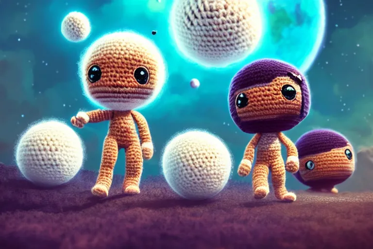 Image similar to an expedition of crochet cute astronauts discovering a new fluffy planet made out of yarn. cute, illustration, digital art, inspired by little big planet, by greg rutkowski, detailed, sharp, masterpiece, highly detailed, photorealistic, octane render, 8 k, unreal engine 5, trending on artstation, vivid colors