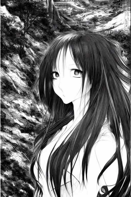 Image similar to a vertical portrait of a character in a scenic environment by Yoshitaka Amano, black and white, dreamy, cybernetic suit, wavy long black hair, highly detailed