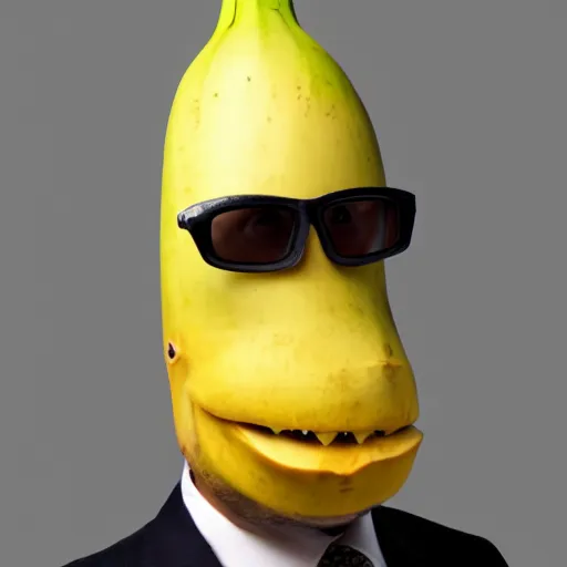 Image similar to banana head, a man wearing a suit banana head