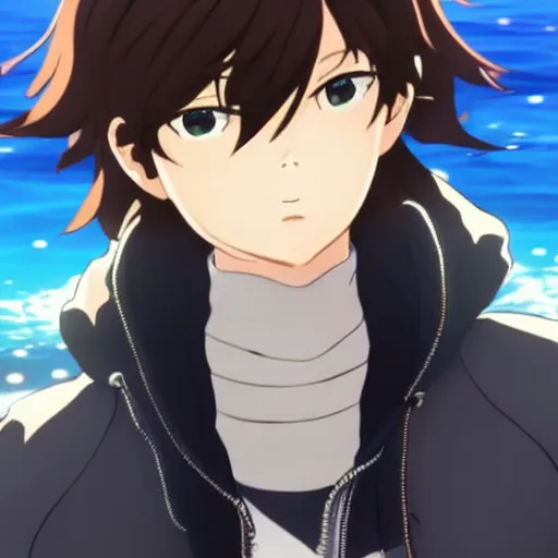 Image similar to brown haired shy anime boy with the ability to control water. makoto shinkai. kuvshinov ilya. shigenori soejima.