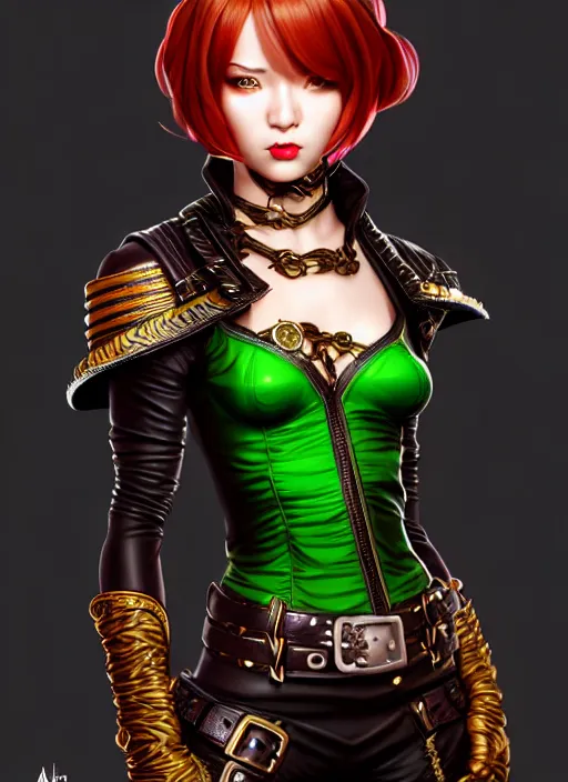 Image similar to rogue, fantasy ornate leather bandit outfit!!! beautiful and athletic short hair female!! gorgeous face and eyes!! character concept art, sharp focus, octane render! unreal engine 5! highly rendered!! trending on artstation!! detailed linework!! illustration by artgerm, wlop, and chie yoshii