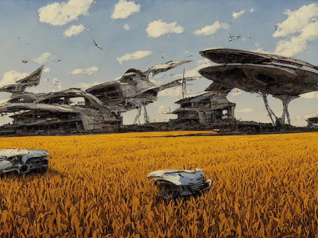 Image similar to A fantastic painting of a dilapidated post-modern building on a wheat field with an abandoned spaceship parked on the roof of the building, by Robert McCall, Trending on artstation, very detailed