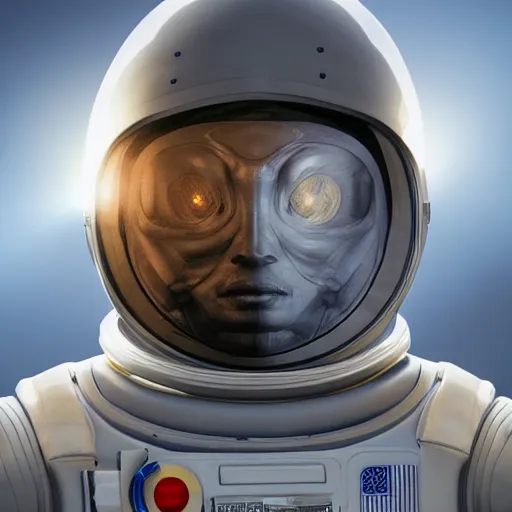 Image similar to photorealistic portrait of an alien wearing an astronaut helmet, ray tracing reflections, dynamic lighting, hyperrealism, weird