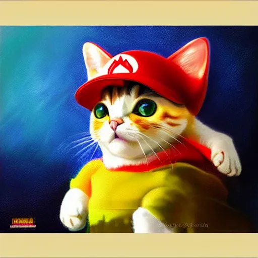 Prompt: A beautiful oil painting of a Kawaii Cat wearing a Super Mario Hat, nintendo, intricate, volumetric lighting, photorealistic, colorful, highly detailed.