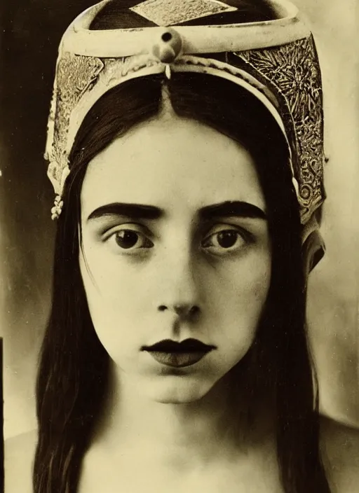 Image similar to portrait of young woman in renaissance dress and renaissance headdress, art by tina modotti