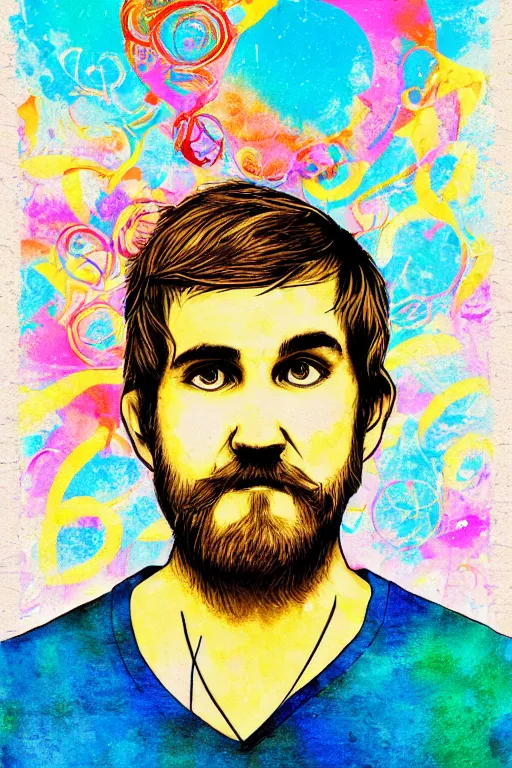 Image similar to inspirational style hope poster of bo burnham with beard, psychedelic colors, highly detailed, realistic, loving, by vitto ngai