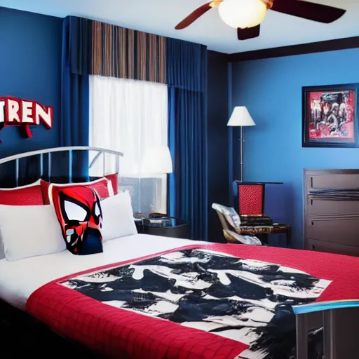 Prompt: photography of theme park hotel room themed to spider - man motif. bed has spider - man blankets. wall has spider - man pattern. furniture has spider - man motif. furniture is shaped like spider - man furniture. carpet has spider - man motif. lighting has spider - man film shapes