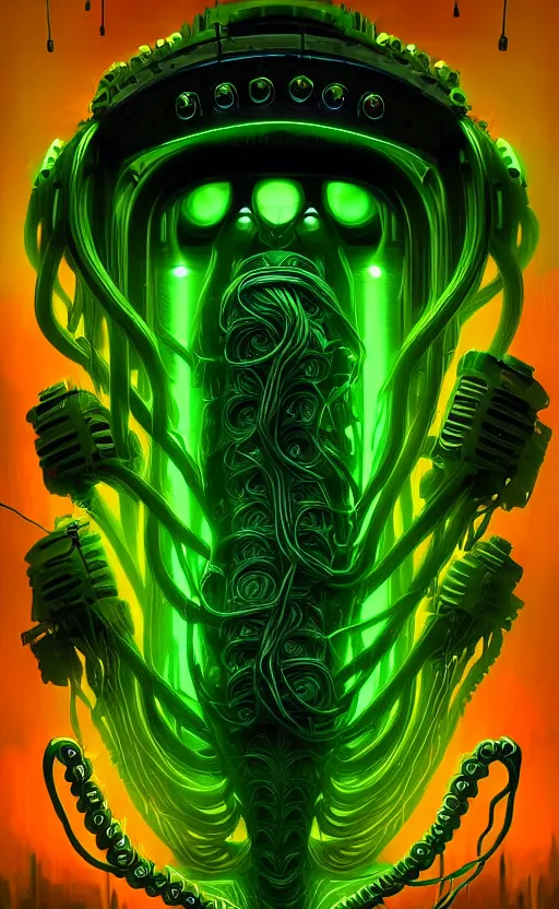 Image similar to poster style, a beautiful and terrifying painting with high details a digital portrait of lovecraftian tech god, green neon cyber cthulhu, cyber noir, movie atmosphere, movie lights, 8 k, light effect, rtx on, trending on artstation, by kilian eng, lee madgwick, bastien lecouffe - deharme