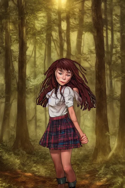 Prompt: sarah humpfrey as a girl in a dark forest, detailed plaid miniskirt, beautiful upper body, detailed face portrait, by dan mumford, anime style, octane render, trending on artstation