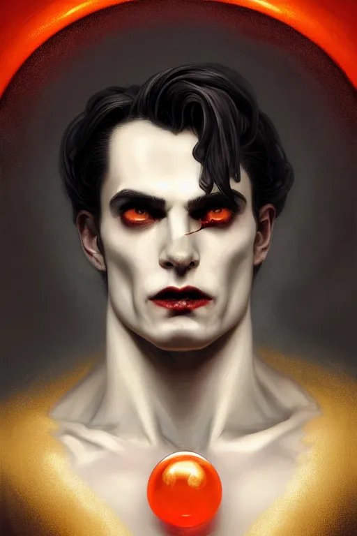 Prompt: bust of a man vampire , strong boy, gradient black red, dreamy and ethereal, orange eyes, golden ratio, vicious expression, ornate frilly suit, fantasy, intricate, elegant, rainbow bubbles, highly detailed, digital painting, artstation, concept art, smooth,b sharp focus, illustration, art by artgerm and greg rutkowski and alphonse mucha