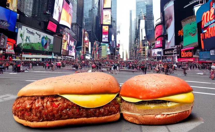 Prompt: a photo of a giant hamburger in the middle of the street in times square,