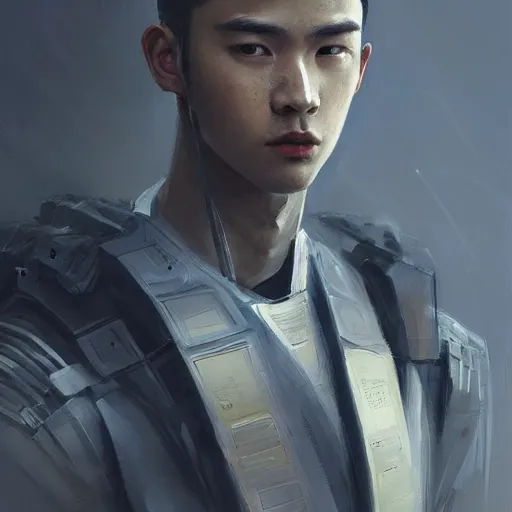 Prompt: Portrait of a man by Greg Rutkowski, he is about 20 years old, korean, short black hair, young, manly, attractive, tall and slim, smart looking, he is wearing futuristic military fatigues, highly detailed portrait, scifi, digital painting, artstation, concept art, smooth, sharp foccus ilustration, Artstation HQ