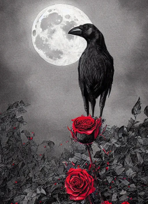 Image similar to portrait, A crow with red eyes in front of the full big moon, book cover, red roses, red white black colors, establishing shot, extremly high detail, foto realistic, cinematic lighting, pen and ink, intricate line drawings, by Yoshitaka Amano, Ruan Jia, Kentaro Miura, Artgerm, post processed, concept art, artstation, matte painting, style by eddie mendoza, raphael lacoste, alex ross