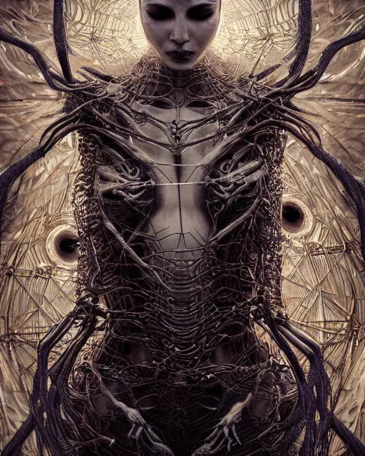 Image similar to timeless spiderwoman deity with circuitry skin and networked mind tripping on acid, intricate detail, royo, whealan, giger, klimt, hd, octane render, unreal engine,