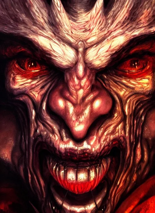 Prompt: close up portrait of a gay monster in the mountains of hell, oil painting by tomasz jedruszek, cinematic lighting, pen and ink, intricate line, hd, 4 k, million of likes, trending on artstation