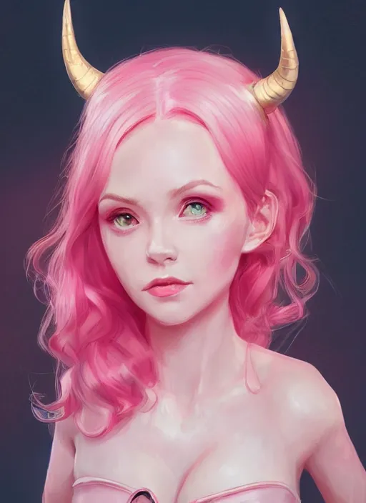 Image similar to a highly detailed illustration of cute smug pink haired pale girl with horns wearing pink dress, dramatic smirk pose, intricate, elegant, highly detailed, centered, digital painting, artstation, concept art, smooth, sharp focus, league of legends concept art, wlop.