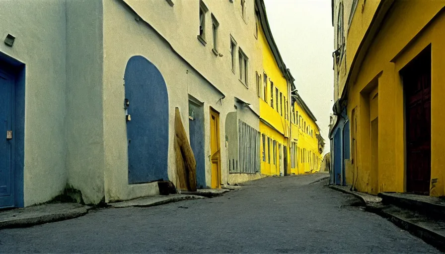 Prompt: 1 9 7 0 s movie still by tarkovsky of old socrates in blue drapery in a yellow neoclassical street with collums, cinestill 8 0 0 t 3 5 mm, high quality, heavy grain, high detail, panoramic, ultra wide lens, cinematic composition, dramatic light, anamorphic, piranesi style, etienne - louis boullee style