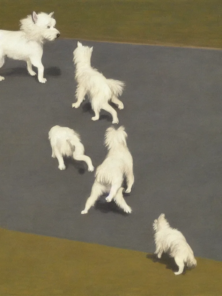 Image similar to a single gray german spitz fights a single white west highland terrier, by edward hopper