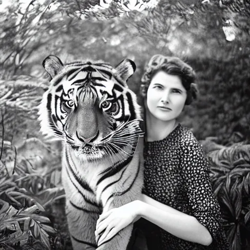 Image similar to woman from rising silent posing with a tiger in a garden, 1 9 2 0 s photography, trending on unsplash, black and white photography, intricately defined, complexly detailed, 4 k photorealism, golden ratio!!!!!, centered!!!!!