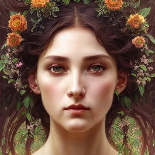 Image similar to portrait of gaea goddess, intricate, elegant, highly detailed, digital painting, artstation, concept art, smooth, sharp focus, illustration, art by artgerm and greg rutkowski and alphonse mucha and william - adolphe bouguereau