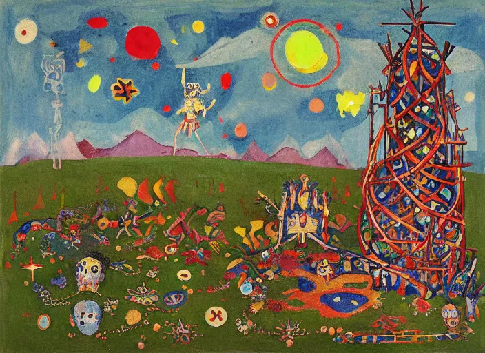 Image similar to pixel decollage painting tarot lovers card composition tower of babel road red armor wonky alien frog and maggot vampire clown knight on a skeleton pale horse in a dark green cloudy night sky with golden foil jewish stars and diamonds, mountain lake and blossoming field in background, painted by Mark Rothko, Helen Frankenthaler, Danny Fox and Hilma af Klint, pixelated, neo expressionism, semi naive, pastel colors, cinematic, color field painting, cave painting, voxel, pop art look, outsider art, minimalistic. Bill Traylor painting, part by Philip Guston, Amano and Francis Bacon. art by Adrian Ghenie and Storm Thorgerson, very coherent symmetrical artwork, cinematic, hyper realism, high detail, octane render, unreal engine, Smooth gradients, depth of field, full body character drawing, extremely detailed, 8k, extreme detail, intricate detail, masterpiece