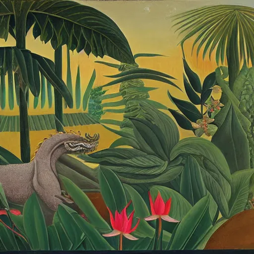 Image similar to fresco in naive art style by henri rousseau with dragon and lotuses, dark faded colors, highly detailed, unreal engine, photorealism