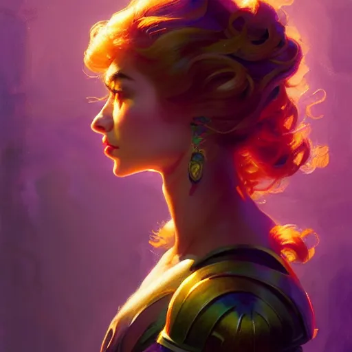 Image similar to side portrait, imogen poots, paladin, gloomhaven, colorful gaudy colors, luminescent, hard edges, organic painting, by greg manchess, huang guangjian, gil elvgren, greg rutkowski, jesper ejsing, magali villeneuve, artgerm, ilya kuvshinov