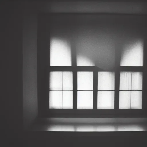 Image similar to volumetric light coming into dark room through window, black and white, cinematic, moody