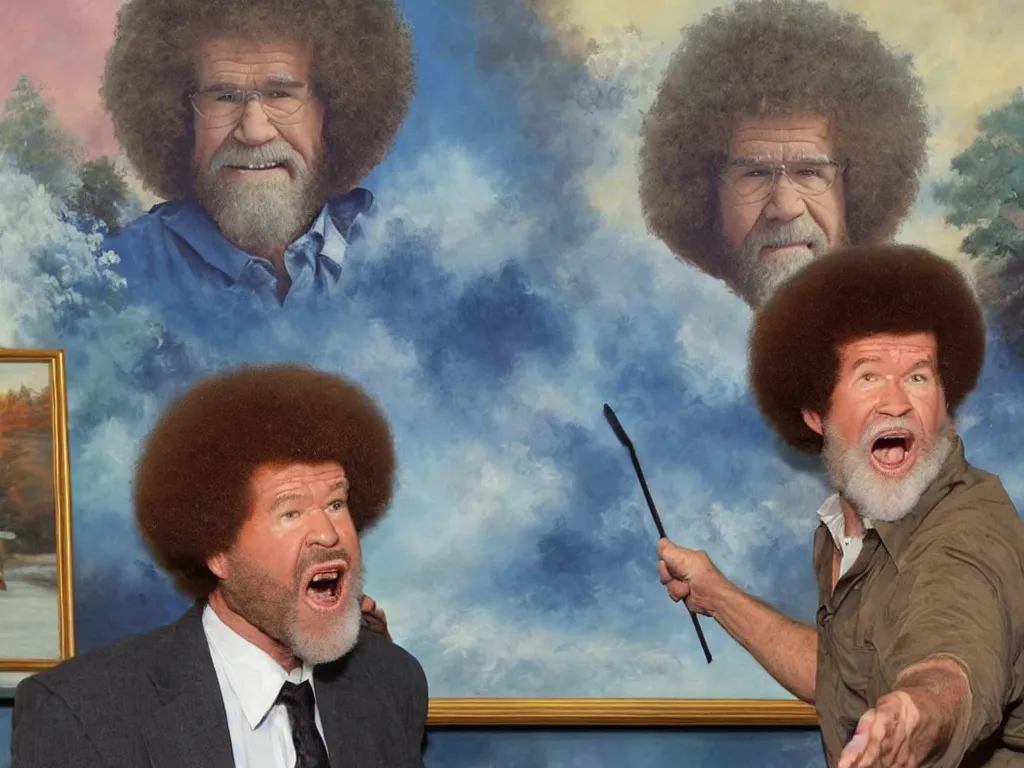 Image similar to old bob ross is sad and angry and yelling at a huge painting by bob ross