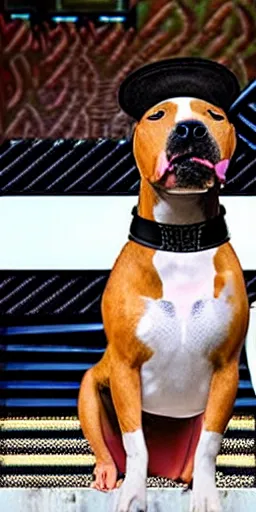 Prompt: a pitbull as a rapper, a pitbull dog dressed as the rapper pitbull