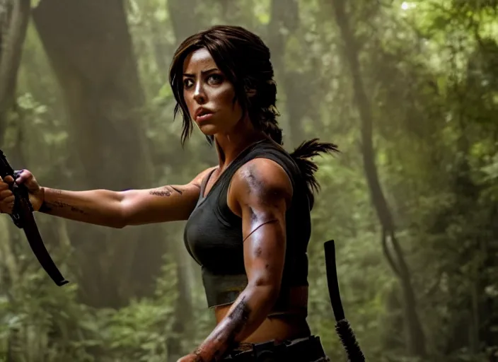 Image similar to film still of!!!! chloe bennett!!! as lara croft in new tomb raider movie, 8 k