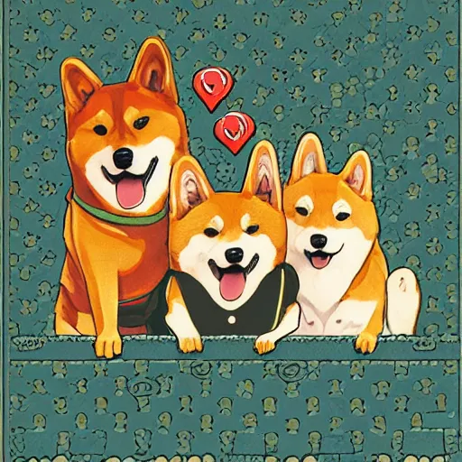 Image similar to expensive birthday card with happy shiba inu dogs singing, Nintendo game art, Hayao Miyazaki, intricate detail, illustration, beautiful lighting,