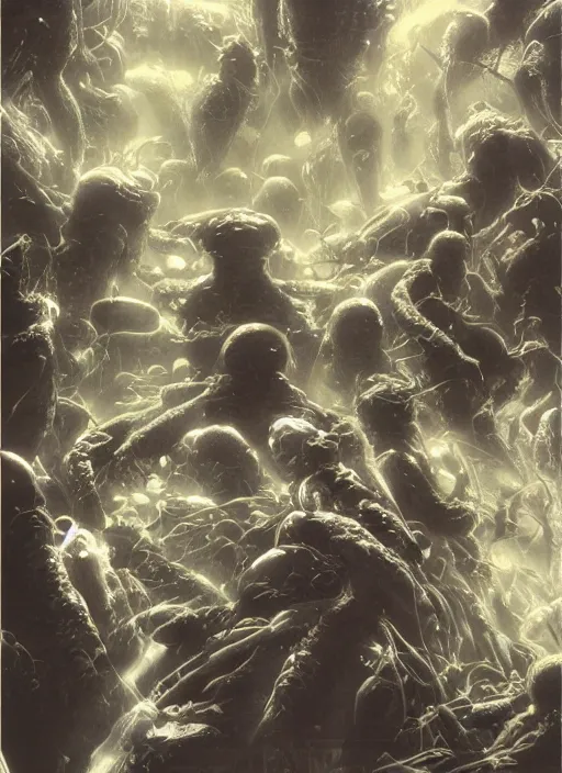 Image similar to astronauts divers in dark void underwater - complex and hyperdetailed technical suit design. reflection and dispersion materials. rays and dispersion of light. volumetric light. f / 3 2. noise film photo. flash photography. ultra realistic, 5 0 mm. poster by wayne barlowe, hajime sorayama aaron horkey, craig mullins