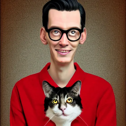 Prompt: portrait of Neil Cicierega looking forward holding his cat, digital artwork, highly detailed, trending on artstation, red colors