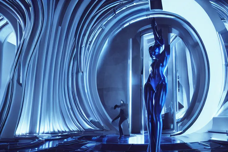 Image similar to vfx movie scene closeup of beautiful blue skin alien woman dancing in sleek futuristic decadent spaceship pillars, futuristic ballroom. giant windows view of earth obit. by emmanuel lubezki