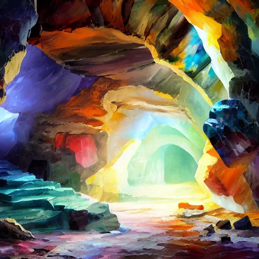 Image similar to A huge cave full of rainbow color crystals and gems on the ground, and stuck to the walls made of huge grey boulders, very dark, midnight, oil painting by Afremov and Greg Rutkowski.