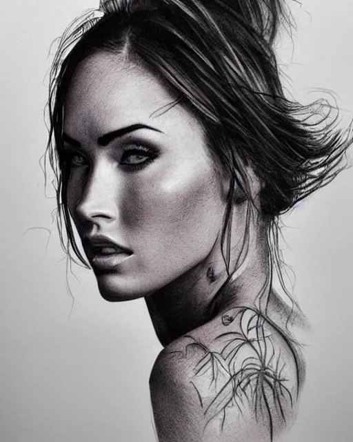 Image similar to realism tattoo design sketch of megan fox blended with beautiful mountain scenery, in the style of dan mountford, double exposure photography, hyper realistic, amazing detail, black and white