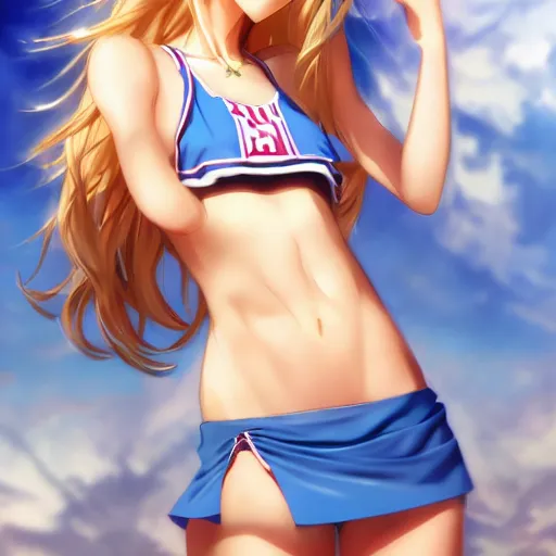 Image similar to a very beautiful young mature anime basketball girl, full body, long wavy blond hair, sky blue eyes, full round face, short smile, bikini, miniskirt, highly detailed, cinematic wallpaper by stanley artgerm lau