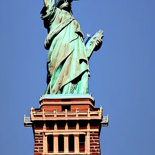 Image similar to Lady Liberty sitting on the back of a red dragon