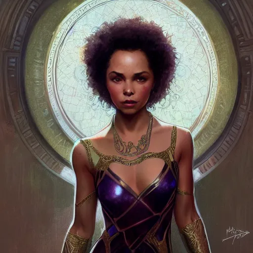 Image similar to full figure ultra realistic illustration, madeleine mantock as marvel enchantress, intricate, elegant, highly detailed, digital painting, artstation, concept art, smooth, sharp focus, illustration, art by artgerm and greg rutkowski and alphonse mucha